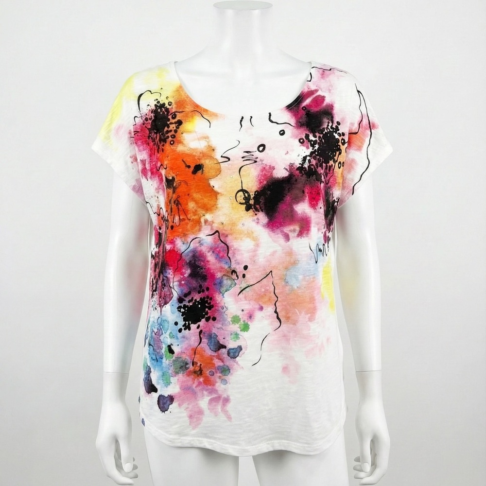 Apt 9 White Watercolor Abstract Floral Art Print Short Sleeve Scoop Neck Top